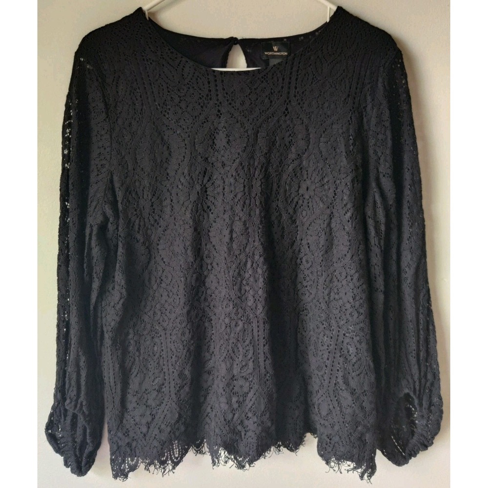 Worthington Women's Black Lace Top Lined Sheer Long Balloon Sleeve Size Large